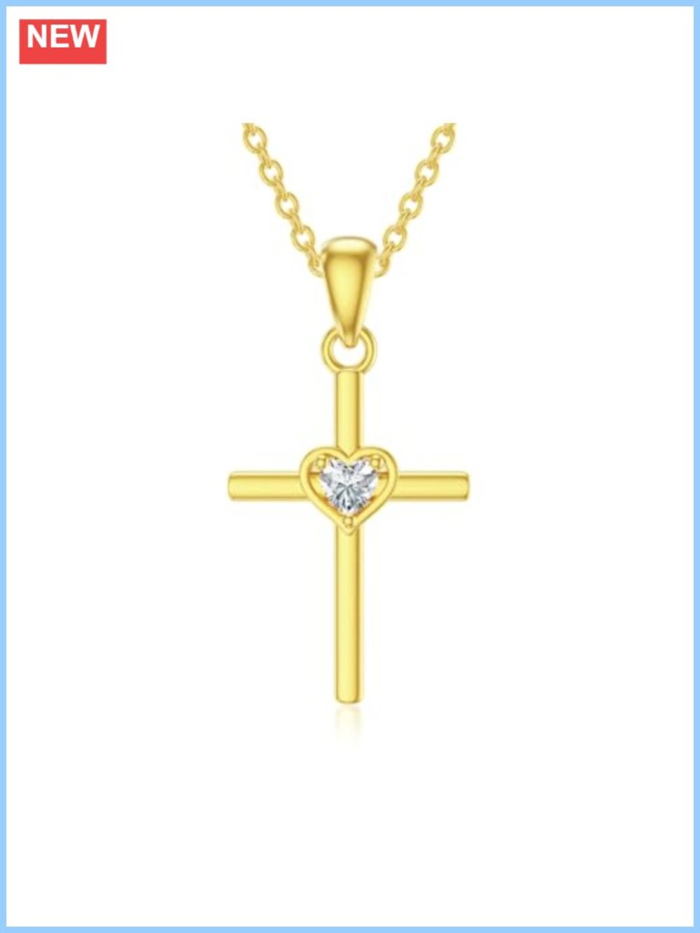 14K Solid Gold Cross Necklace Small Heart Moissanite Pendant 16-18 Inch